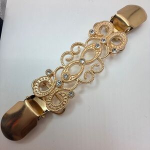 Vintage Inspired Gold Filigree Sweater Clip Rhinestone Cardigan Clasp